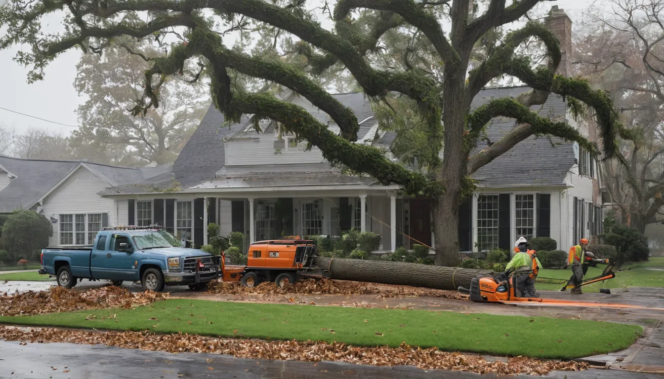 A tree service crew safely removing a storm-fallen tree from a home in McKinney