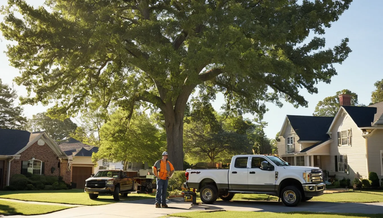 A homeowner and a local tree provider talking beside a large tree in a McKinney yard