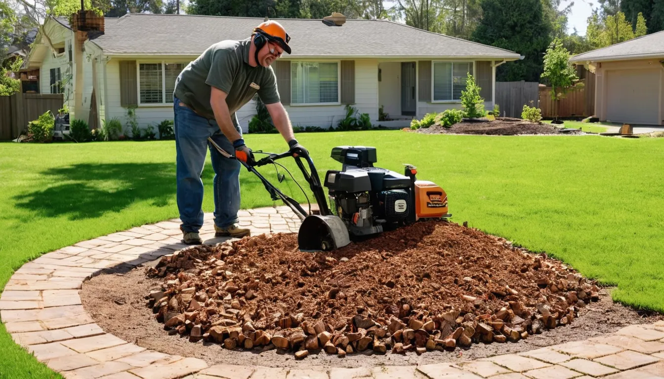 Independent provider grinding a tree stump in a residential yard in McKinney
