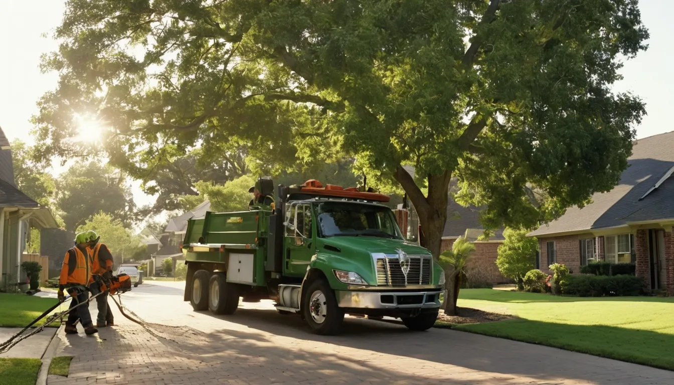 A local tree removal provider lowering a large tree limb with ropes in a McKinney backyard